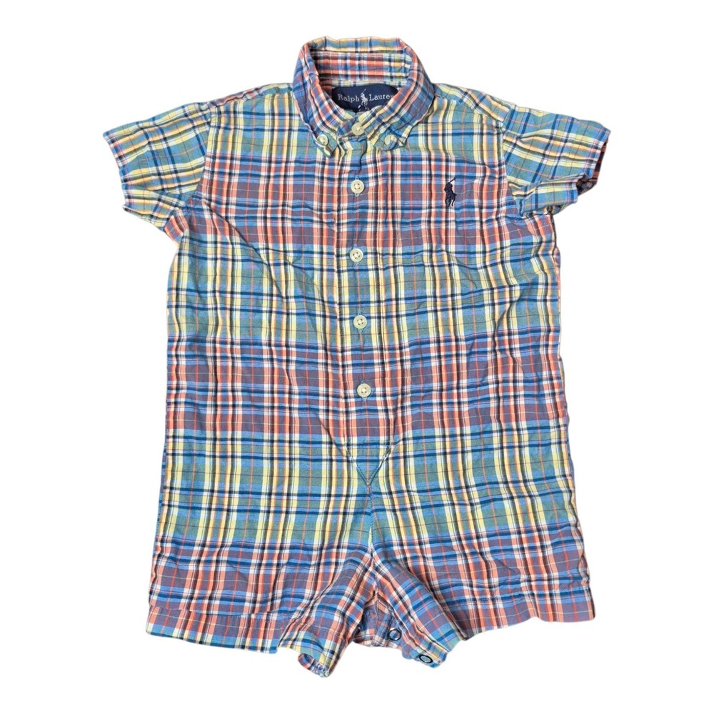 VTG Ralph Lauren Baby Boys 9M Plaid Shortall Romper Pony Logo Button Front